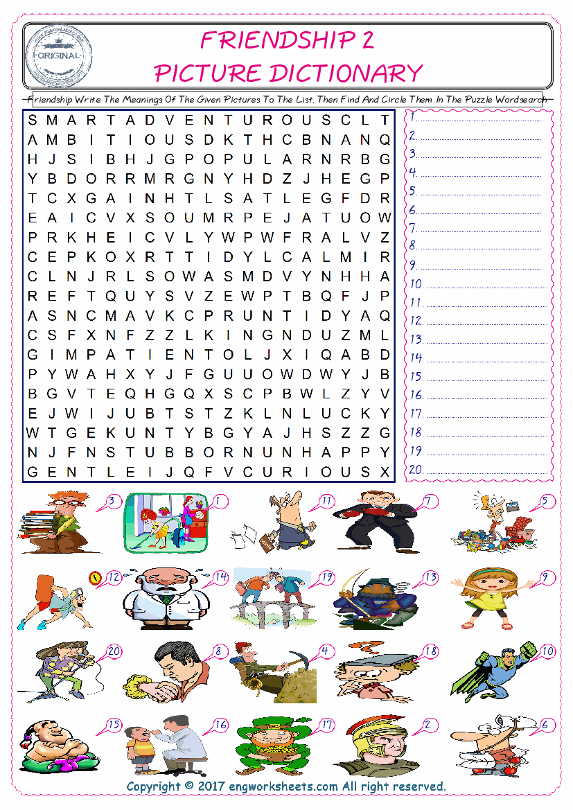  For kids, check the picture of Friendship find, and write the word and find it in the word puzzle ESL printable worksheet. 